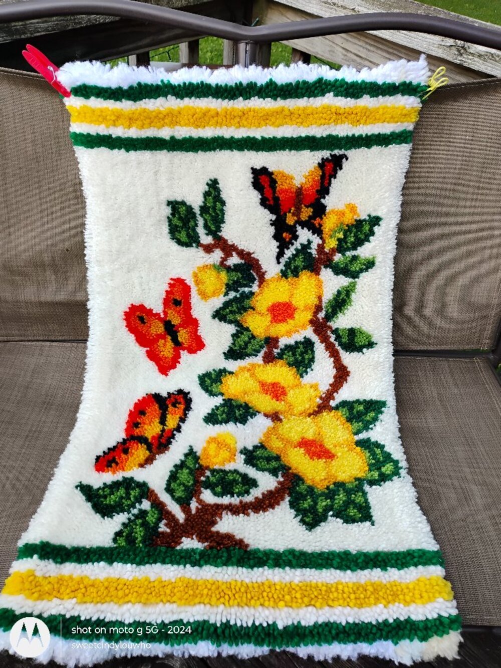 vintage latch hook handmade wall hanging vibrant autumnal colors butterflies